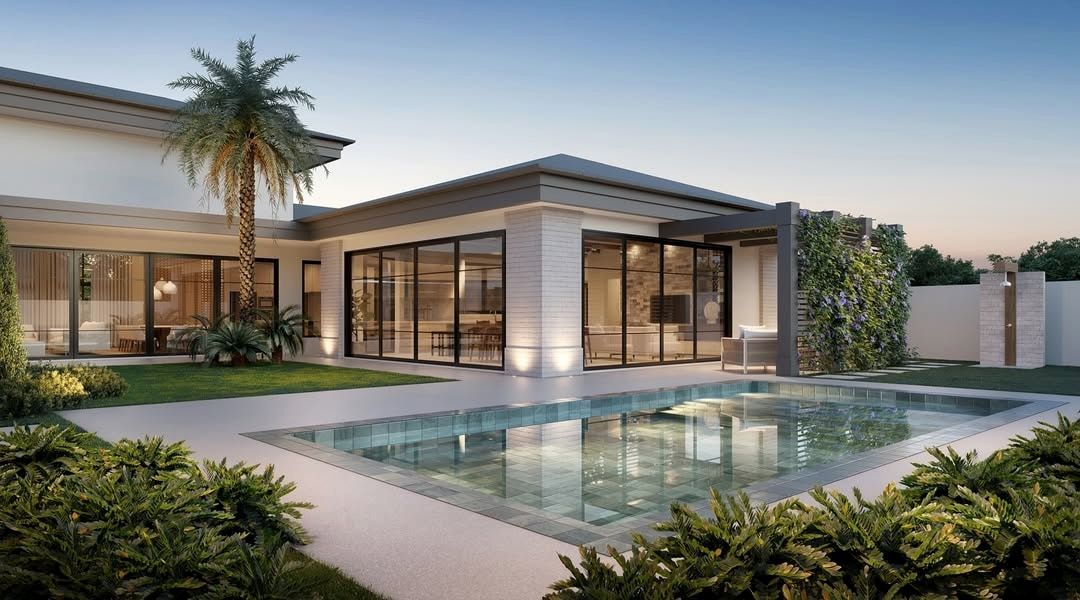 Estudo tridimensional da Casa LR: fundos com piscina de pastilha e jardim vertical florido.
