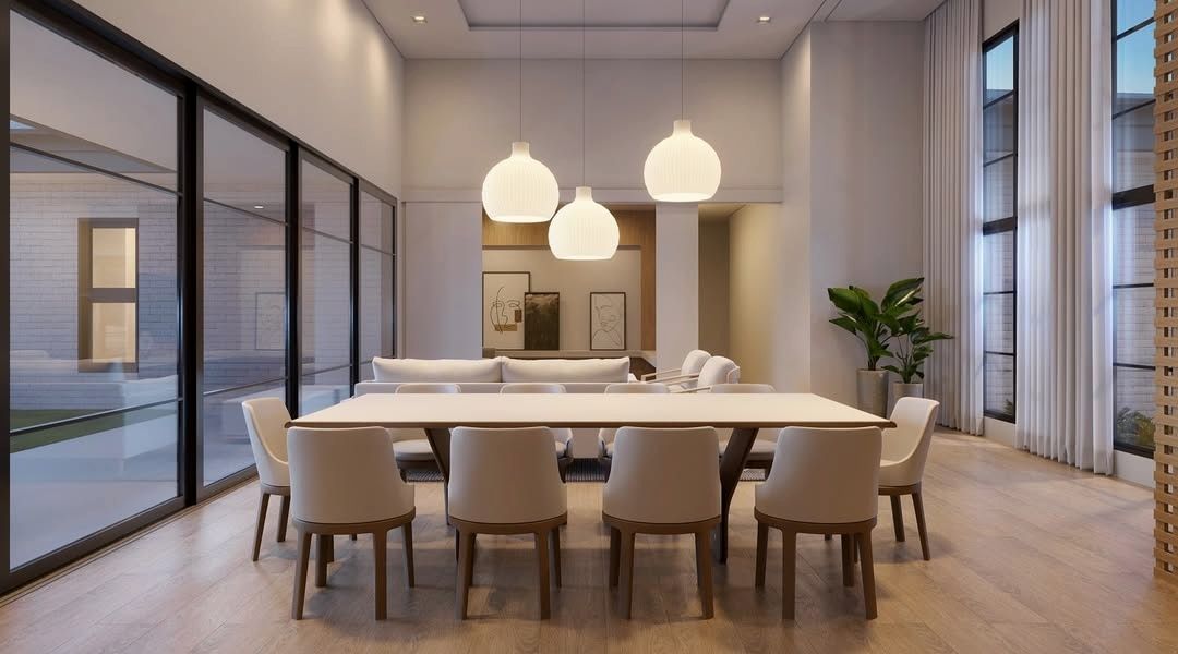 Estudo tridimensional da Casa LR: sala de jantar com pe-direito duplo e pendentes.