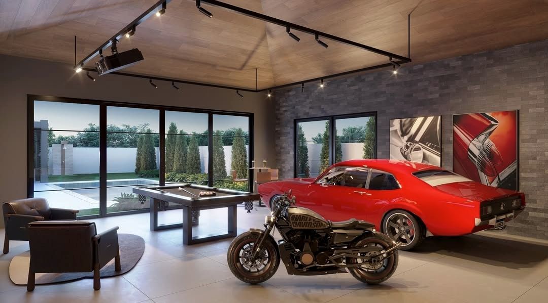 Estudo tridimensional da Casa LR: garagem-lazer com Camaro vermelho, moto e vista para a piscina.