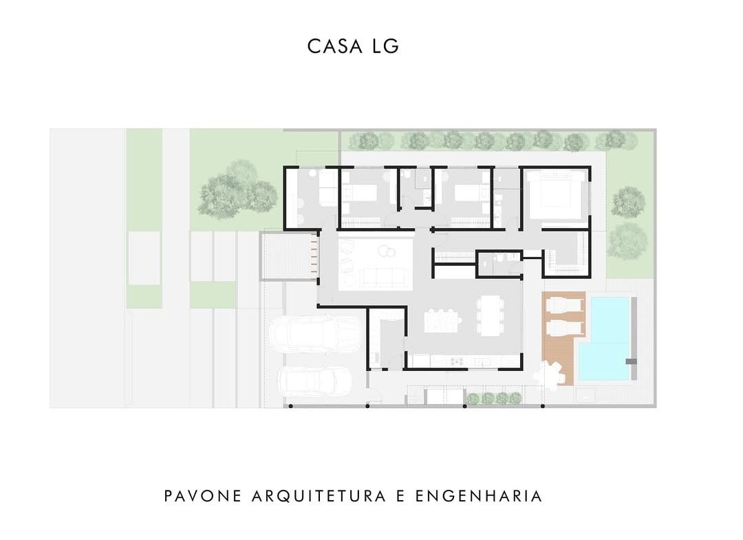 Prancha de projeto da Casa LG: planta baixa humanizada do pavimento terreo com piscina e garagem.