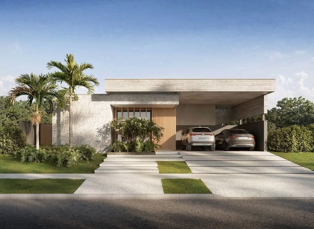 Estudo tridimensional da Casa LG: fachada frontal diurna terrea com pedra, madeira ripada e cobertura em balanco.