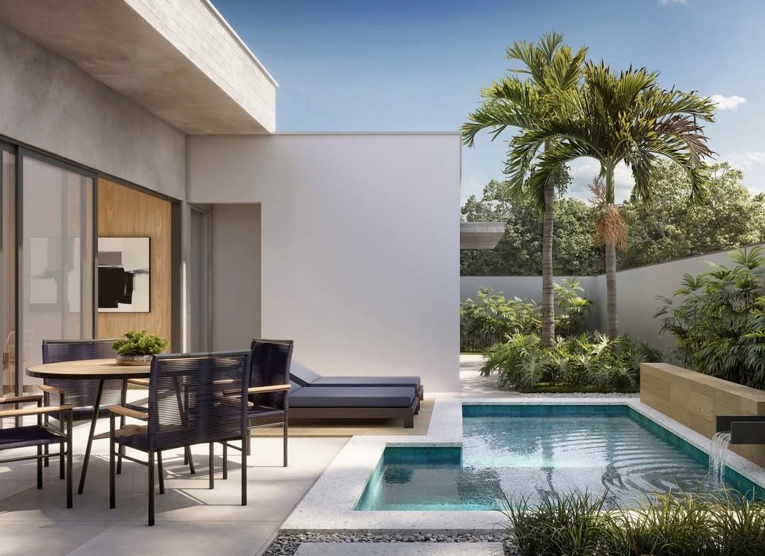 Estudo tridimensional da Casa LG: area de lazer lateral com piscina, ofuro e palmeiras.