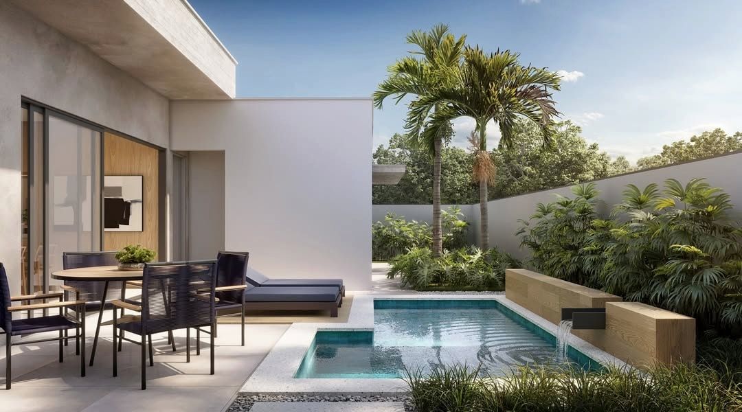 Estudo tridimensional da Casa LG: area de lazer com piscina, ofuro e cascata em bancada de madeira.