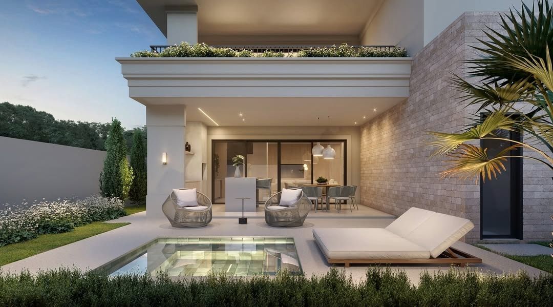 Estudo tridimensional da Casa GA: area de lazer neoclassica com piscina, varanda com cimalha e jardineira.