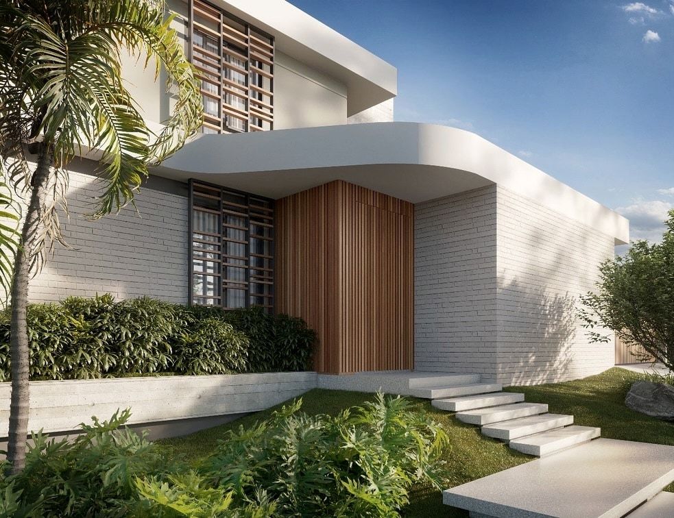 Estudo tridimensional da Casa LM: fachada diurna / entrada principal.