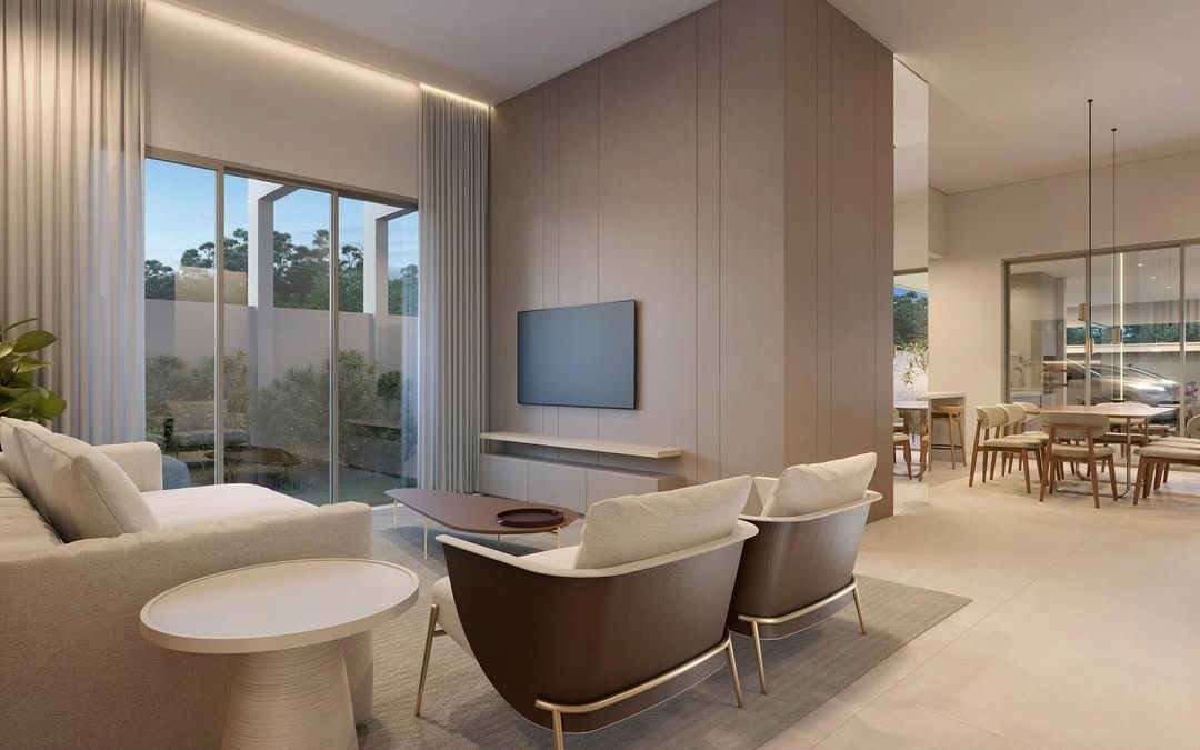 Estudo tridimensional da Casa CP 02: sala de estar integrada com jantar, fim de tarde.