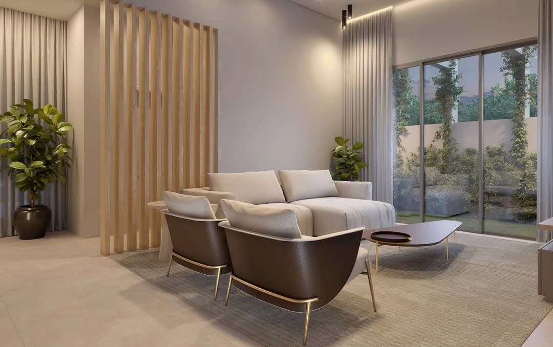 Estudo tridimensional da Casa CP 02: sala de estar com brise ripado de madeira e jardim.