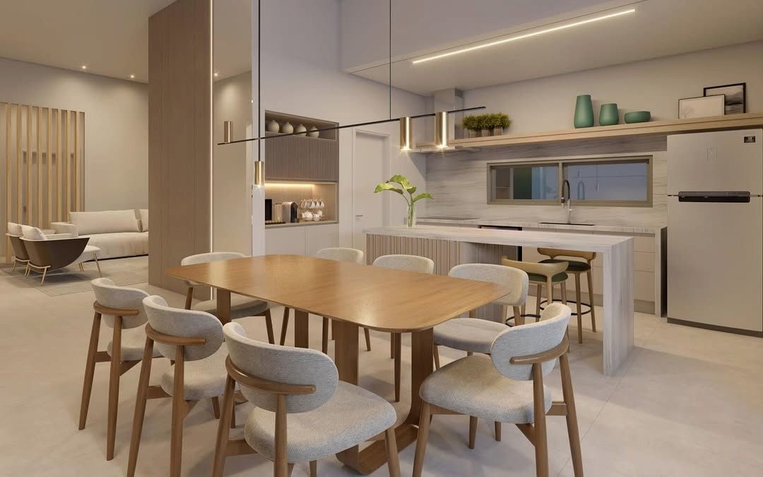 Estudo tridimensional da Casa CP 02: cozinha e sala de jantar integradas.