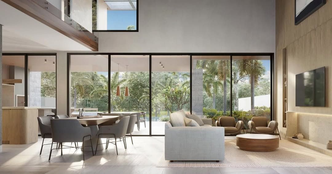 Estudo tridimensional da Casa VE: sala de estar pe-direito duplo com esquadria preta e vista para piscina.