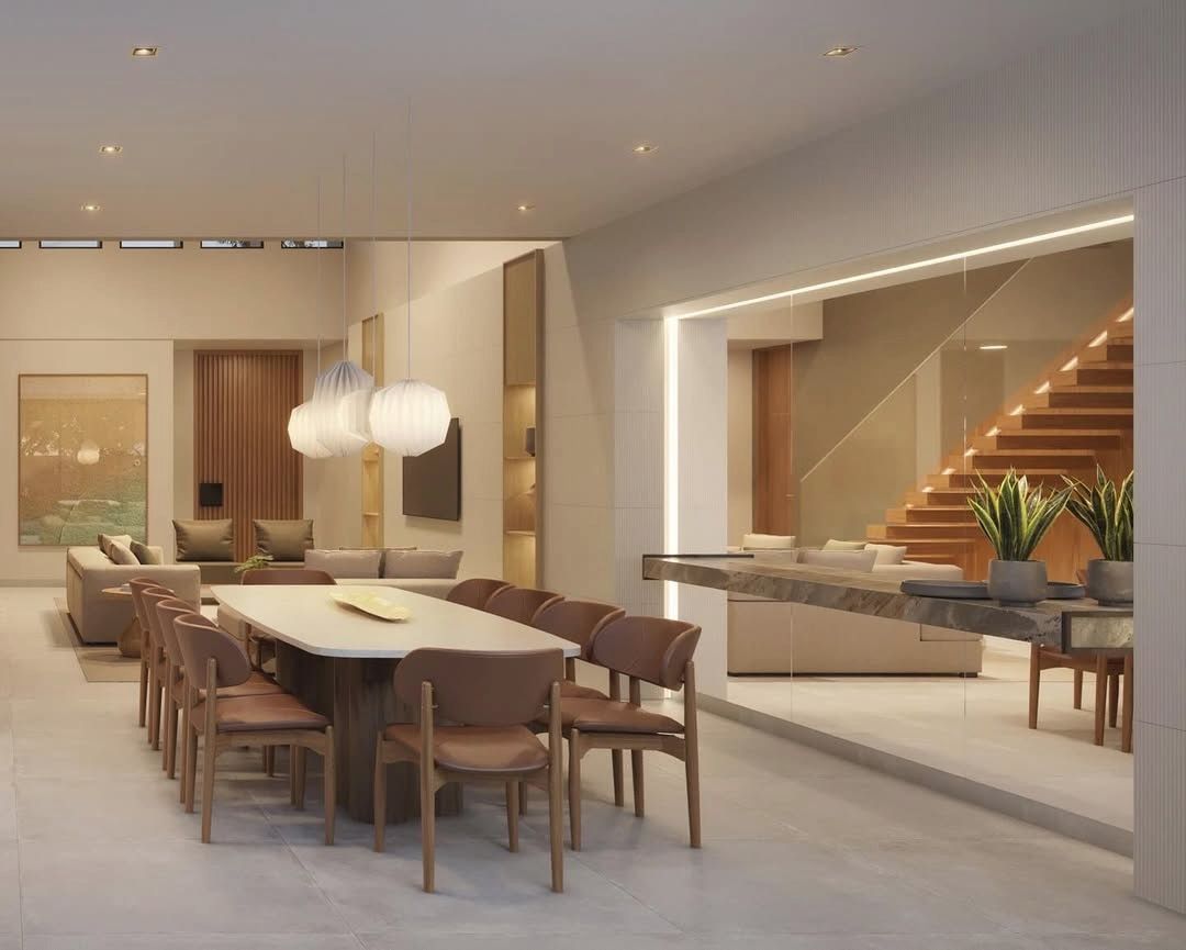 Estudo tridimensional da Casa CT: sala de jantar com mesa para 10 e escada de madeira ao fundo.