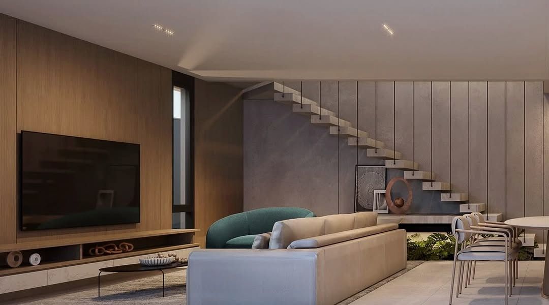 Estudo tridimensional da Casa CD: living com painel de madeira e escada em balanco sobre parede de concreto.
