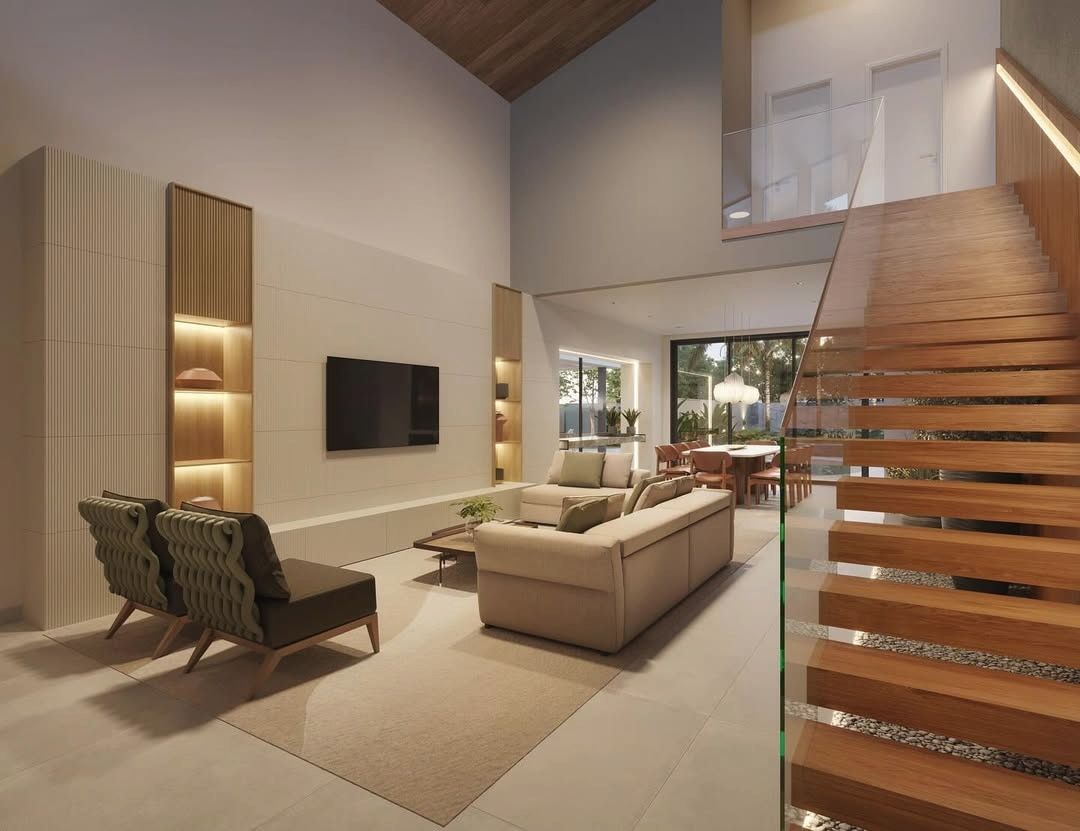 Estudo tridimensional da Casa CT: sala de estar com pe-direito alto, forro de madeira e escada com degraus em madeira.