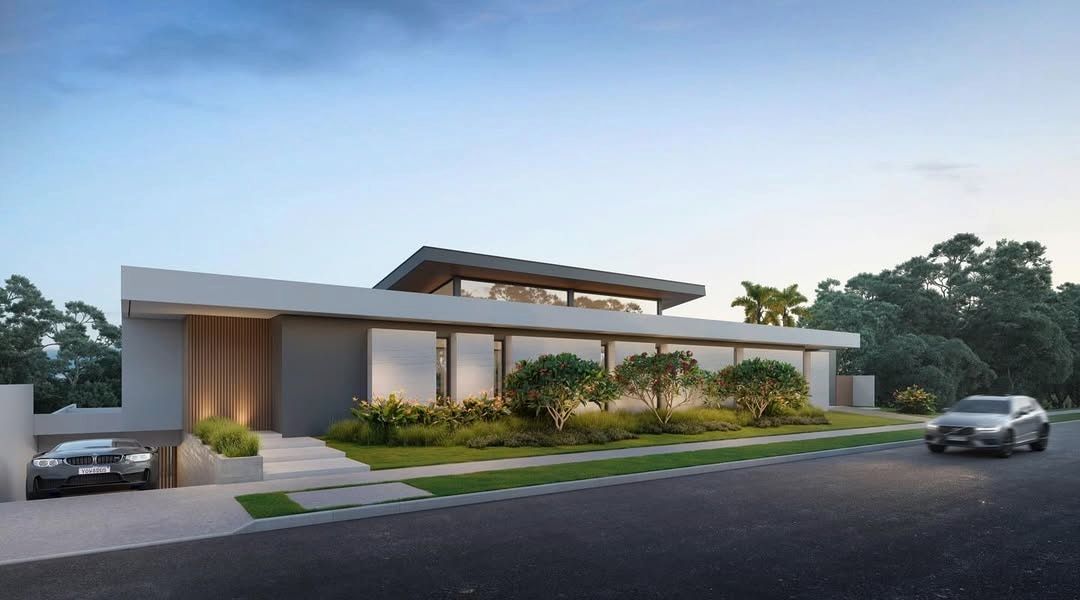 Estudo tridimensional da Casa TD: fachada de rua ao entardecer, volume horizontal em terreno em declive.