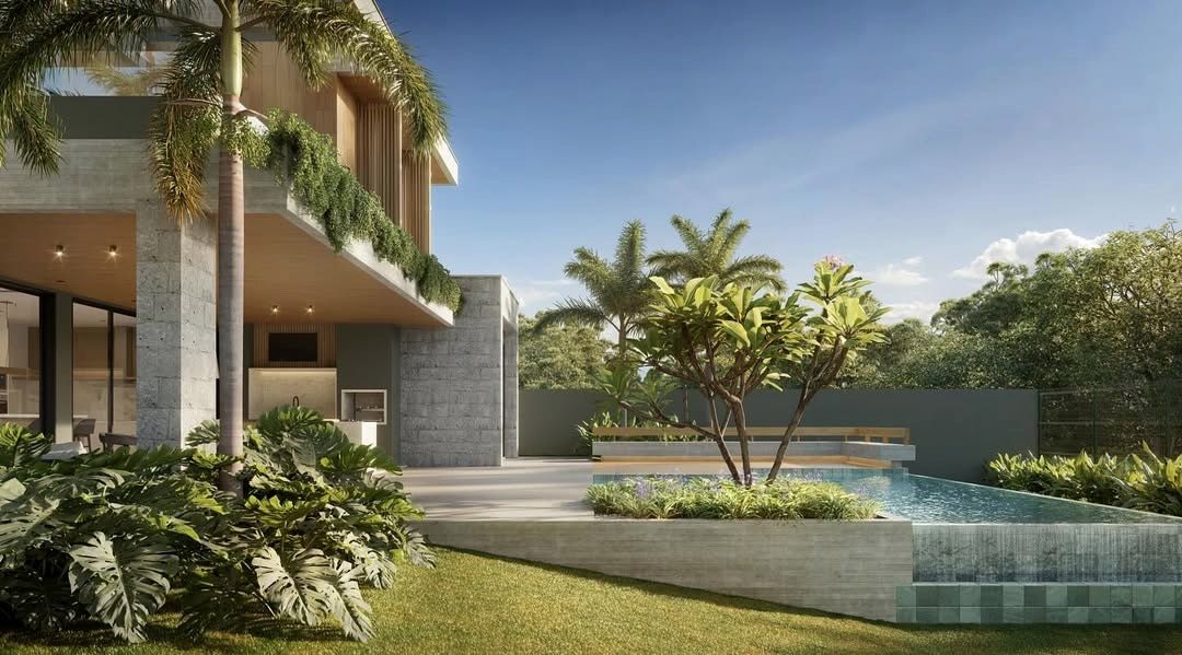 Estudo tridimensional da Casa VE: area gourmet e piscina de borda infinita.