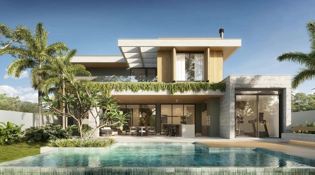 Estudo tridimensional da Casa VE: fachada posterior com piscina e integracao social.