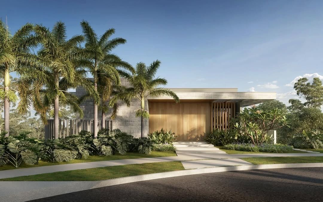 Estudo tridimensional da Casa VE: fachada frontal diurna com portao de madeira e palmeiras.