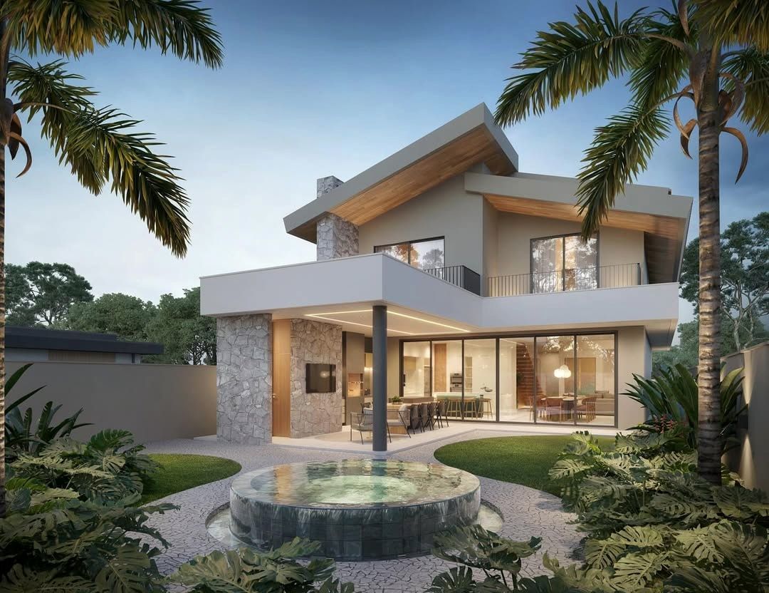 Estudo tridimensional da Casa CT: area de lazer com SPA circular e area gourmet integrada.