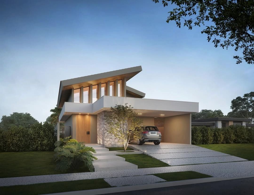 Estudo tridimensional da Casa CT: fachada frontal ao entardecer com carro na garagem.