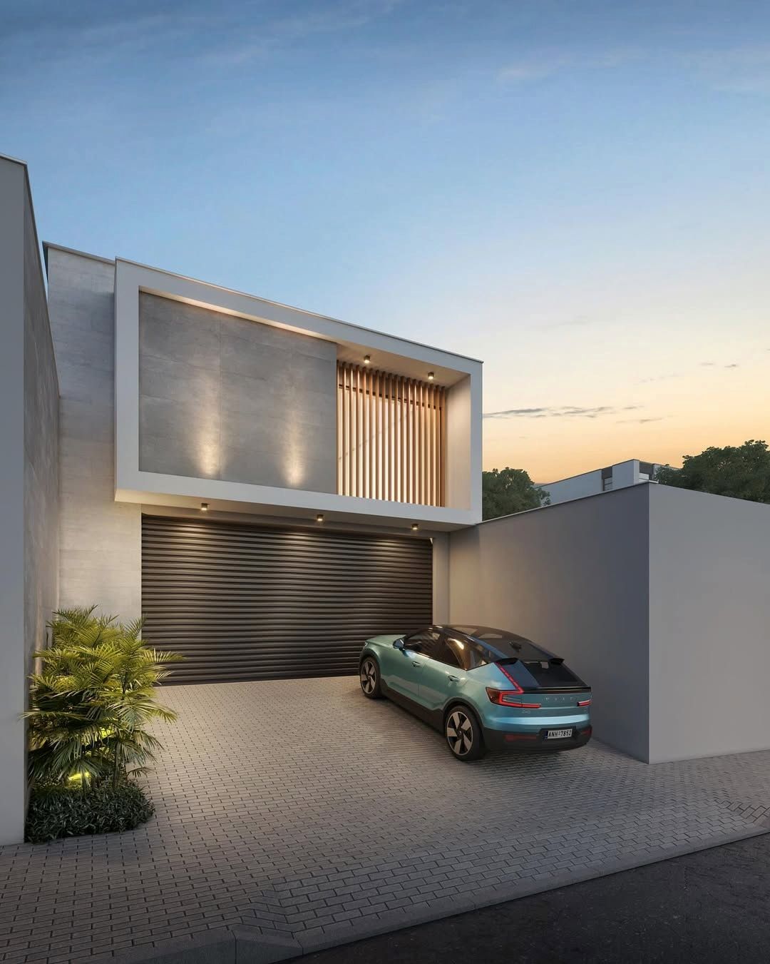 Estudo tridimensional da Comercial JE: fachada em angulo ao por do sol, painel ripado e concreto.