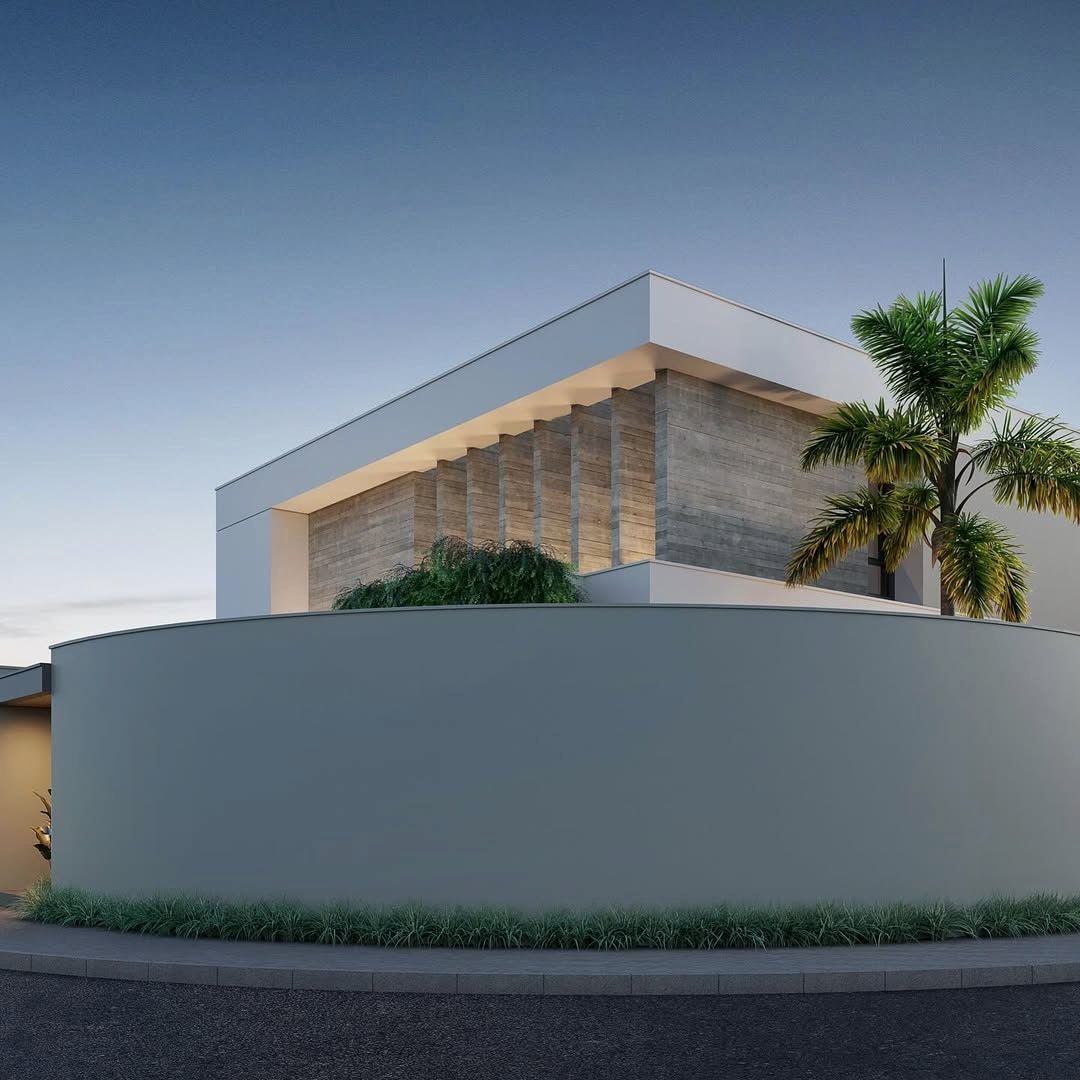 Estudo tridimensional da Casa CD: esquina com muro curvo e brises em concreto.