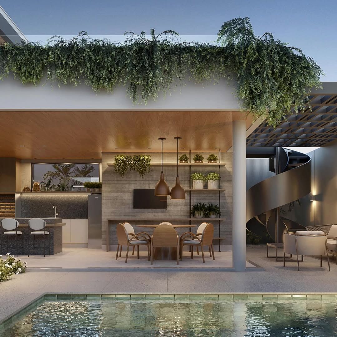 Estudo tridimensional da Casa CD: area de lazer com piscina, gourmet e escada helicoidal metalica.