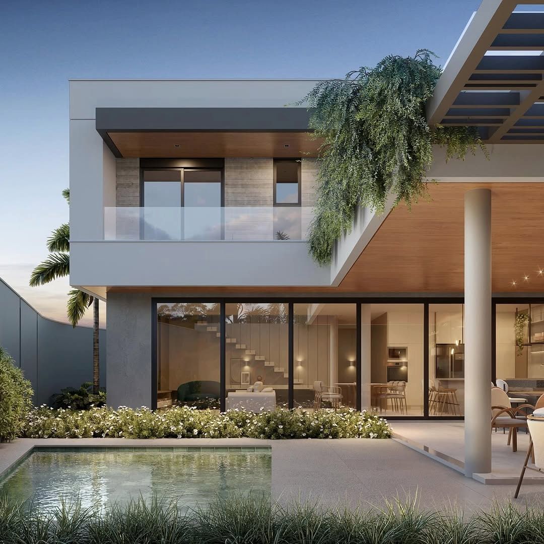 Estudo tridimensional da Casa CD: fachada de fundos com piscina e sala envidracada iluminada.